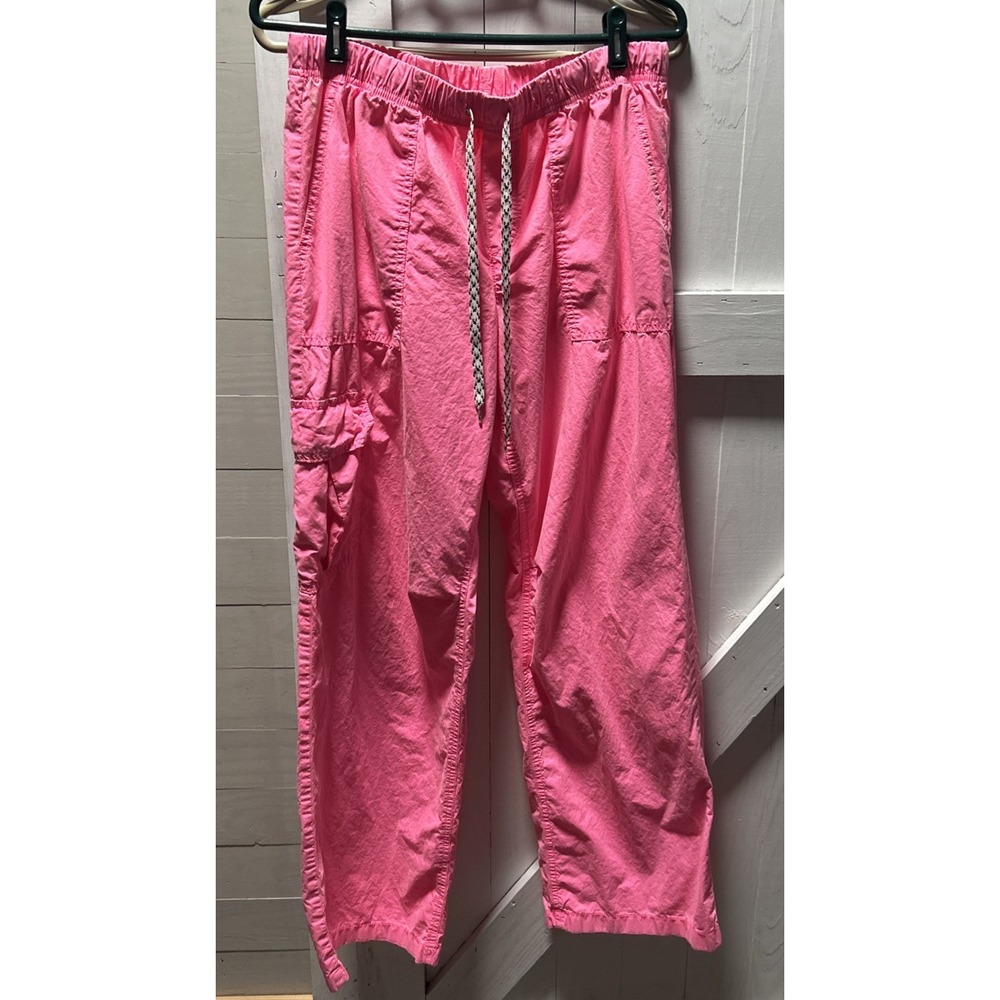 Aerie Hot Pink Cargo Pants Medium Elastic Tie Waist Neon 100% Cotton Small Stain